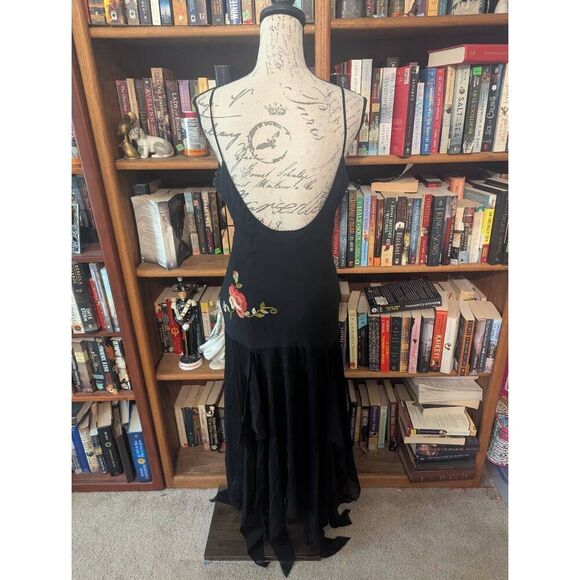 Vtg Cache 90s Y2K Black Gloral embroidered beaded silk maxi Dress Fairycore 12 - Picture 3 of 9